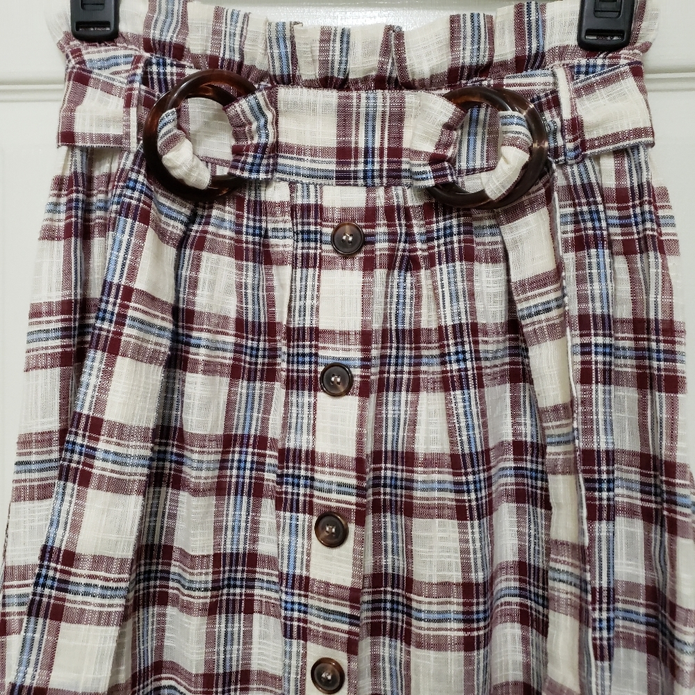 Moon River Belted Plaid Linen Blend Midi Skirt High Paper Bag Waist Women's XS - Picture 2 of 4
